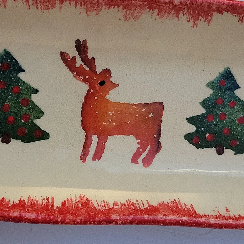 Tombelli Italian Ceramic Festive Holiday Serving Platter Dish Reindeer Design
